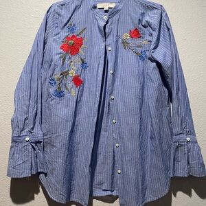 LOFT Blue Pinstripe Shirt with Floral Embroidery